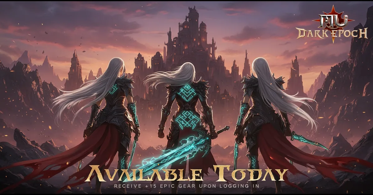 Three MU Dark Epoch warriors facing a dark fantasy fortress