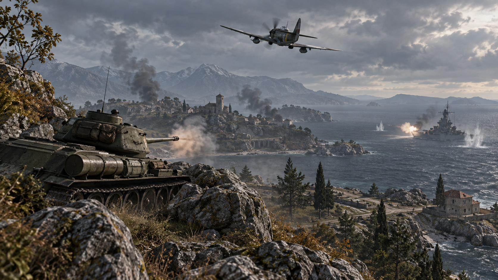 War Thunder tank, fighter and warship using different combat positions