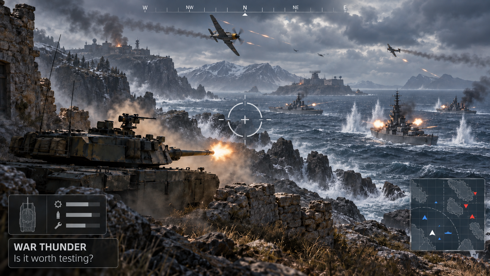 War Thunder tank firing during an active coastal battle