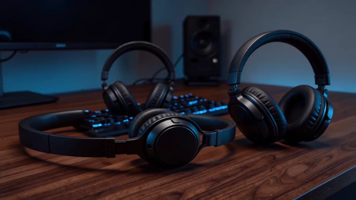 Several black over-ear gaming headsets arranged on a dark desk under blue rim lighting