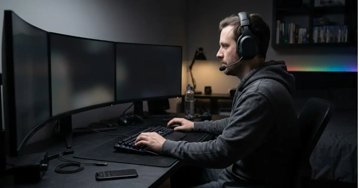 Adult gamer wearing an over-ear headset during a long desk gaming session