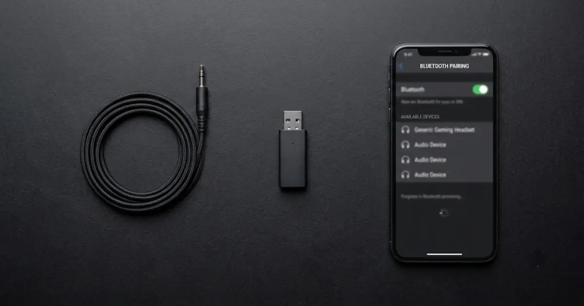 Gaming headset connection methods including audio cable, USB receiver, and smartphone