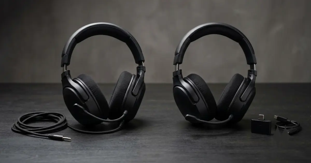A wired gaming headset beside a wireless gaming headset and USB receiver
