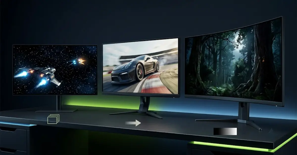 OLED, IPS and VA gaming monitors compared on a dark gaming desk